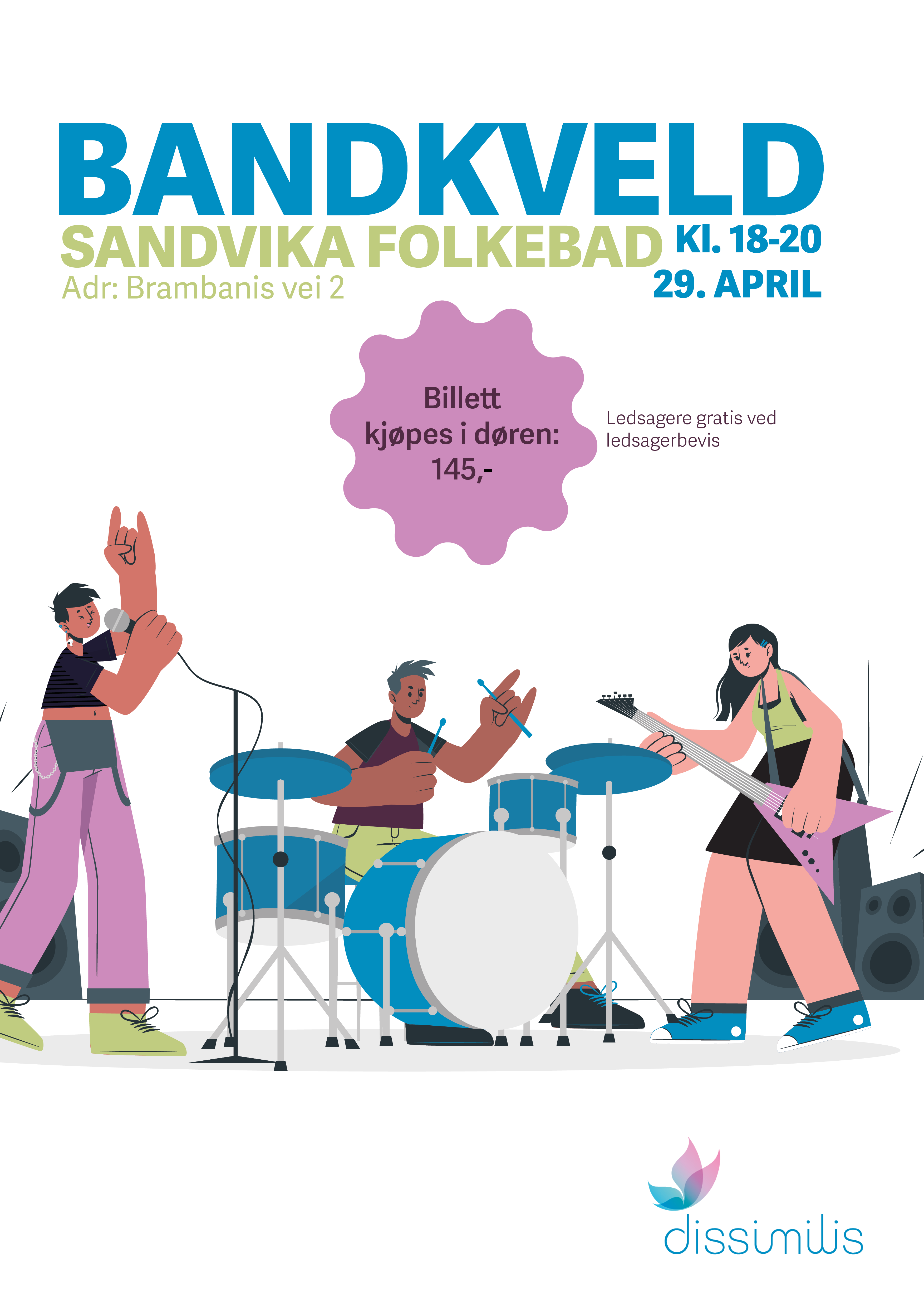 Plakat for bandkveld, illustrasjon av et band
